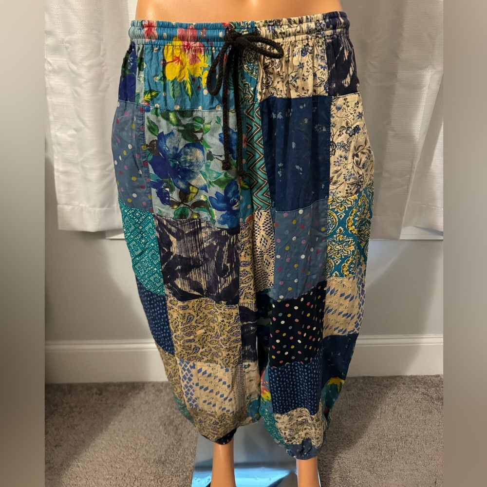 Cool Jaded Gypsy size S/M blue patchwork drawstring harem pants relaxed new